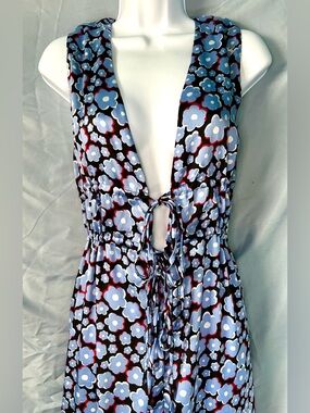 Topshop Light Blue, Black Floral Tie Front Wide Leg Jumpsuit, Size 10
